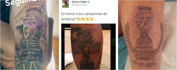 El tatuaje de Di María a la izquierda, el de Vidal al medio y el de Gary a la derecha. Fotos: Instagram/Twitter.