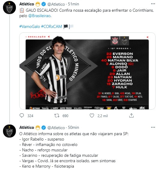 Edu Vargas, baja en Atlético Mineiro tras arrojar positivo por coronavirus.