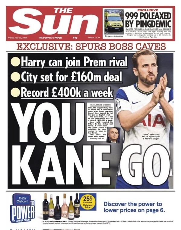 Portada The Sun anunciando el bombástico fichaje de Kane al Manchester City.