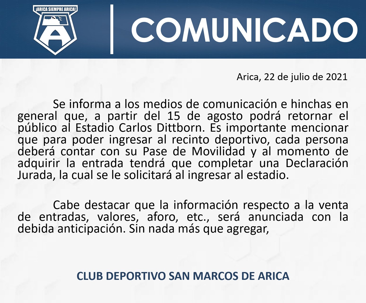 El comunicado que confirma la fecha para el regreso a los estadios.