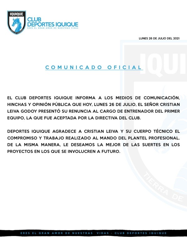 Comunicado de Deportes Iquique por Cristián Leiva.