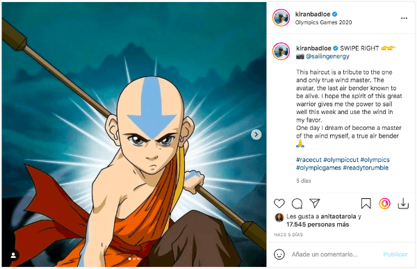 La publicación del atleta holandés Kiran Badloe con la que invocó a Aang, de Avatar: The Last Airbender, antes de participar en los Juegos Olímpicos de Tokio 2020.(1)