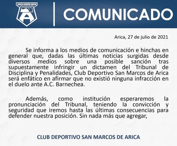 El comunicado del elenco nortino dando a conocer su postura.