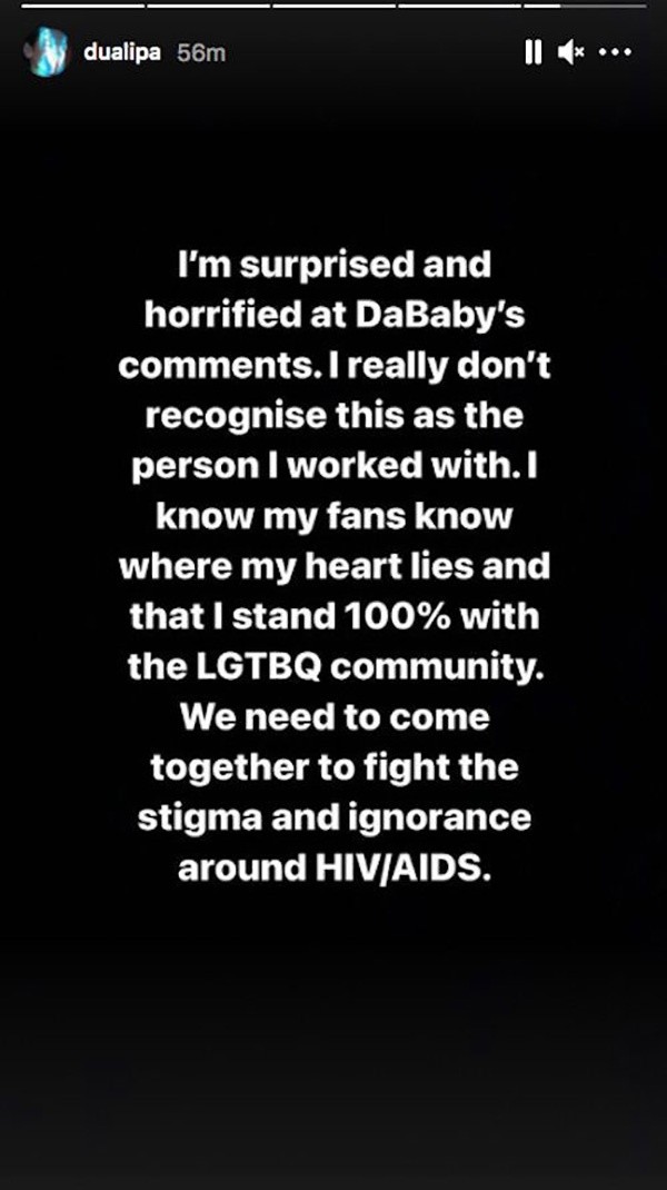 El mensaje de Dua Lipa reaccionando ante los dichos de DaBaby.