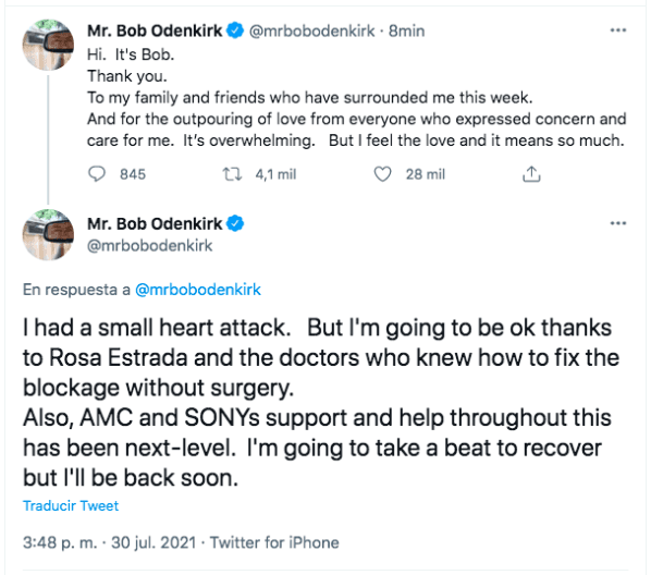 Los mensajes de Bob Odenkirk, el protagonista de    Better Call Saul, tras sufrir un “pequeño ataque al corazón”.