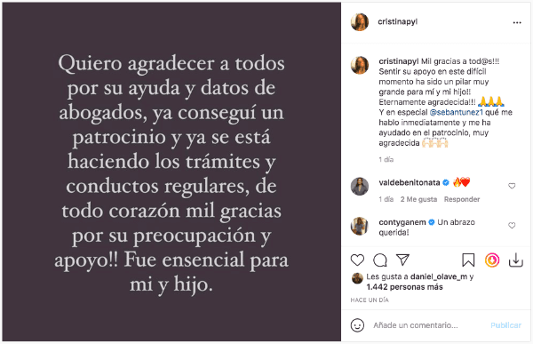 La publicación con que Cristina Peña y Lillo finalmente agradeció la ayuda de sus seguidores.