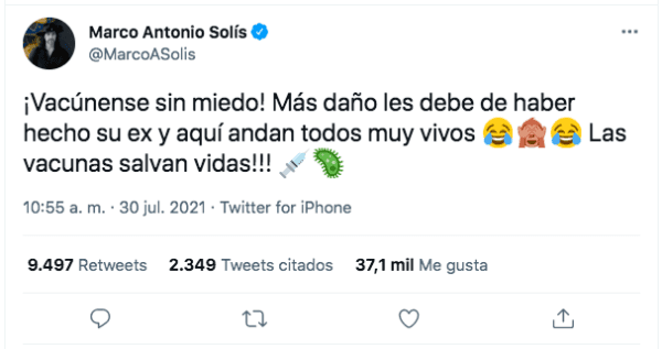 El tuit de Marco Antonio Solís motivando la vacunación.