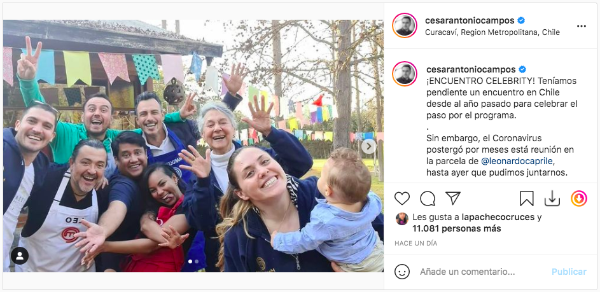 La publicación de César Campos, con sus compañeros de la primera temporada de    Masterchef Celebrity.