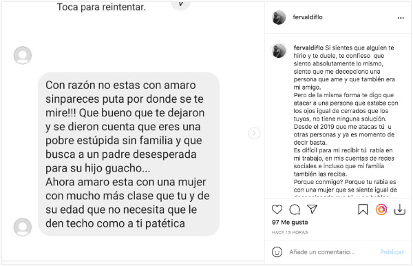 Los mensajes de acoso que recibió la ex pareja de Amaro Gómez-Pablos, Fernanda Valdivia, y que ella compartió en su Instagram.(1)