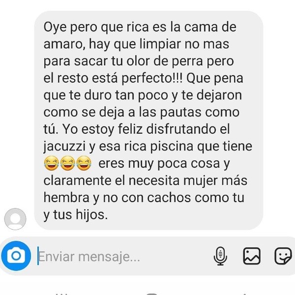 Los mensajes de acoso que recibió la ex pareja de Amaro Gómez-Pablos, Fernanda Valdivia, y que ella compartió en su Instagram.(2)