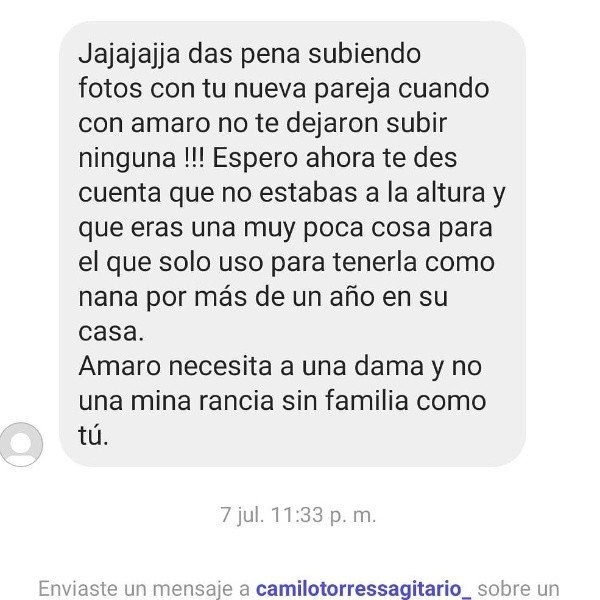 Los mensajes de acoso que recibió la ex pareja de Amaro Gómez-Pablos, Fernanda Valdivia, y que ella compartió en su Instagram.(3)