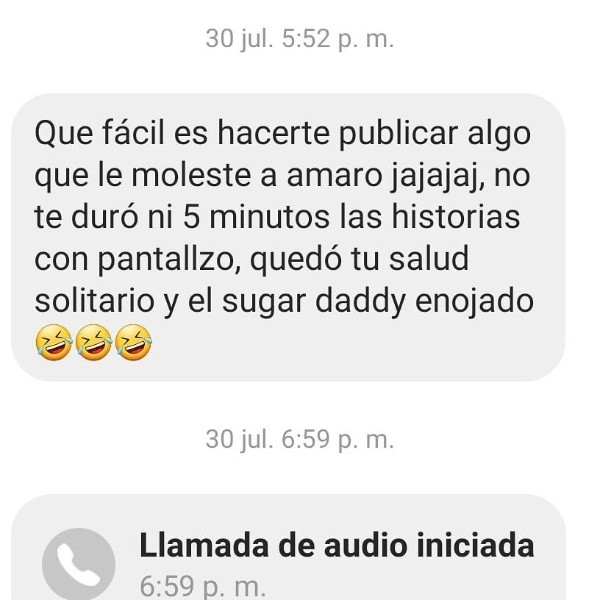 Los mensajes de acoso que recibió la ex pareja de Amaro Gómez-Pablos, Fernanda Valdivia, y que ella compartió en su Instagram.(4)