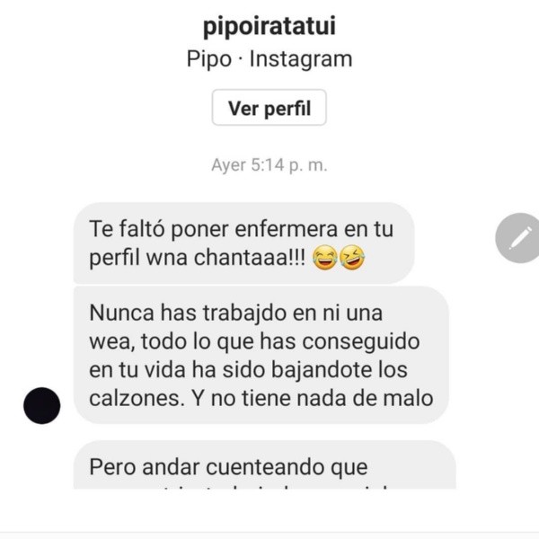 Los mensajes de acoso que recibió la ex pareja de Amaro Gómez-Pablos, Fernanda Valdivia, y que ella compartió en su Instagram.(5)