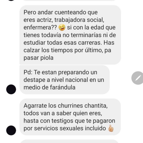 Los mensajes de acoso que recibió la ex pareja de Amaro Gómez-Pablos, Fernanda Valdivia, y que ella compartió en su Instagram.(6)