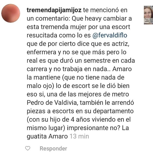Los mensajes de acoso que recibió la ex pareja de Amaro Gómez-Pablos, Fernanda Valdivia, y que ella compartió en su Instagram.(7)
