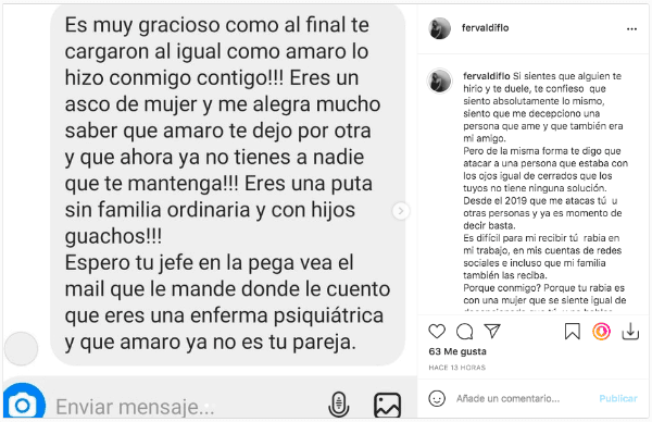 Los mensajes de acoso que recibió la ex pareja de Amaro Gómez-Pablos, Fernanda Valdivia, y que ella compartió en su Instagram.(8)