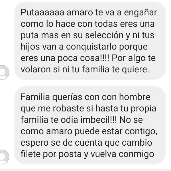 Los mensajes de acoso que recibió la ex pareja de Amaro Gómez-Pablos, Fernanda Valdivia, y que ella compartió en su Instagram.(9)