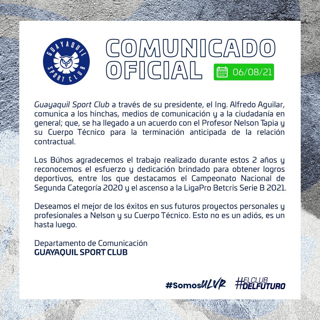 El comunicado de Guayaquil Sport Club anunciando la salida de Nelson Tapia.