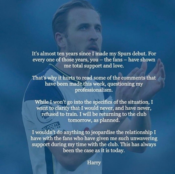 El comunicado publicado por Harry Kane.