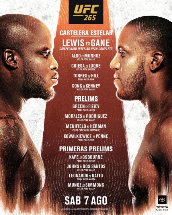 Cartelera oficial de UFC 265: Lewis vs Gane. (Foto: UFC)
