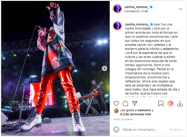 La publicación de Camila Moreno tras el primer show en vivo.(1)