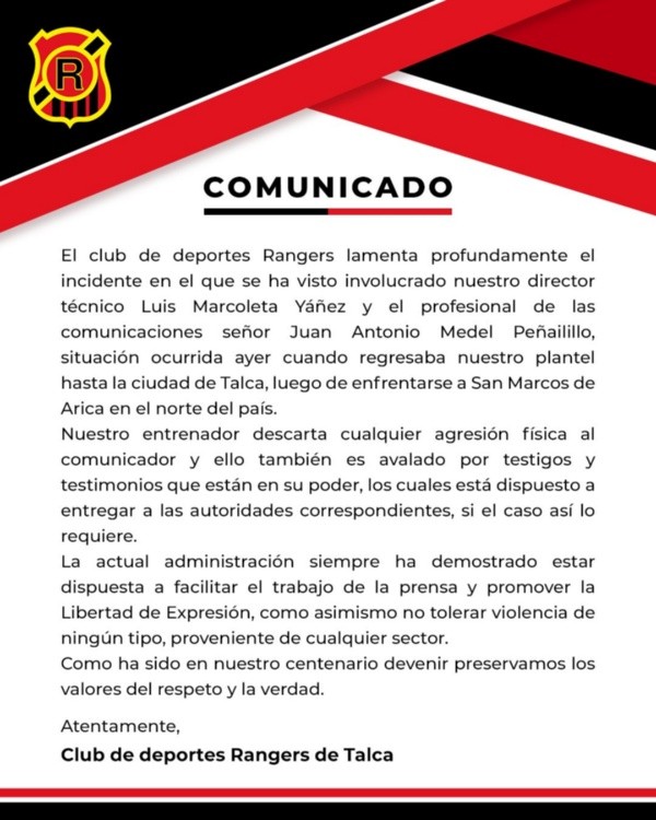 El comunicado de Rangers por la suspuesta agresión de Luis Marcoleta a un relator.