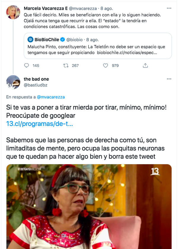 El tuit de Marcela Vacarezza sobre Malucha Pinto y la respuesta del tuitero