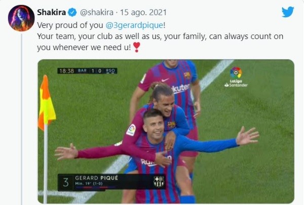 El tuit de Shakira elogiando a Piqué