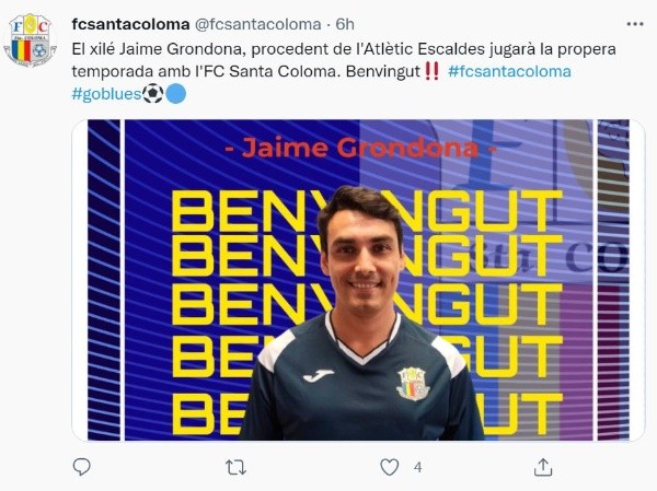 El anuncio del FC Santa Coloma (Twitter)
