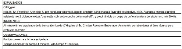 El informe que denuncia a Francisco Arancibia de golpear al juez asistente.