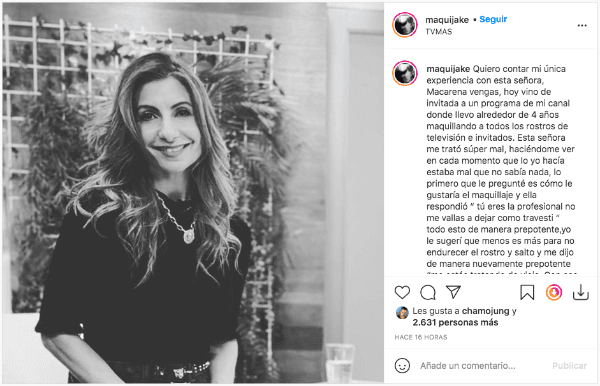 La publicación que la maquilladora Jacqueline Ureta hizo en su Instagram para acusar los malos tratos de Macarena Venegas.