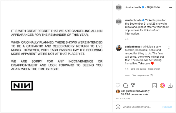 El comunicado de Nine Inch Nails cancelando su gira.
