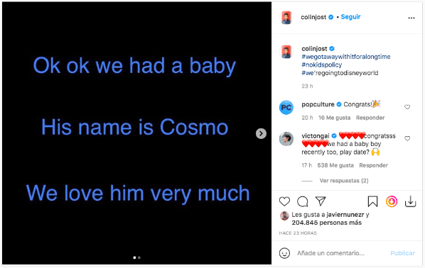 La publicación de Colin Jost confirmando que junto a Scarlet Johansson fueron padres.