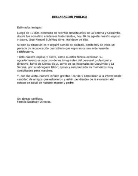 El comunicado de la familia de José Sulantay.