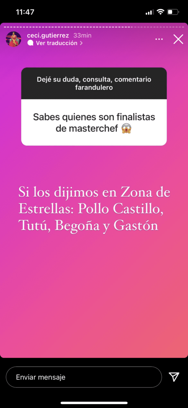 La historia de Cecilia Gutiérrez reafirmando los supuestos finalistas de Masterchef Celebrity.