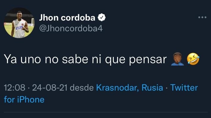 Córdoba y su crítica en Twitter| Foto: @Jhoncordoba4
