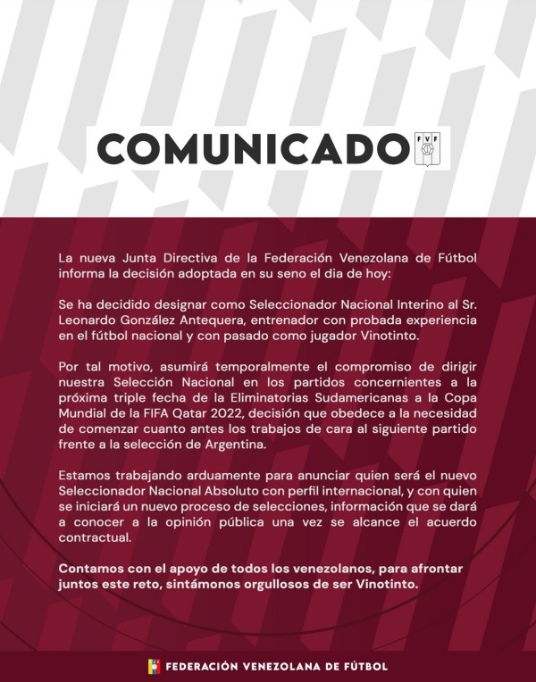 El comunicado de la Federación Venezolana de Fútbol.