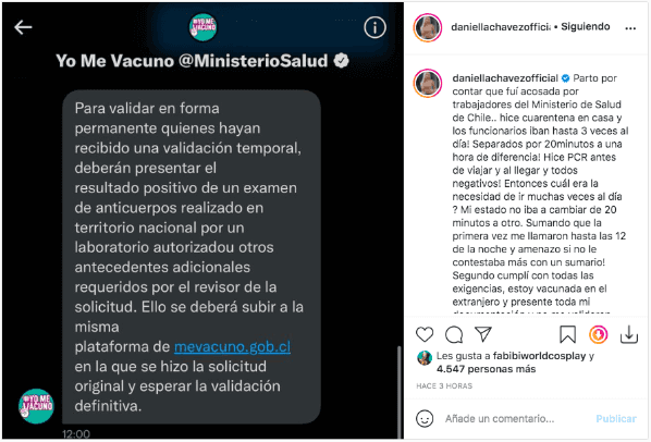 La publicación de Daniella Chávez denunciando el acoso de los trabajadores del Ministerio de Salud.