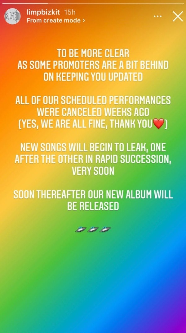 El anuncio de Limp Bizkit en Instagram.