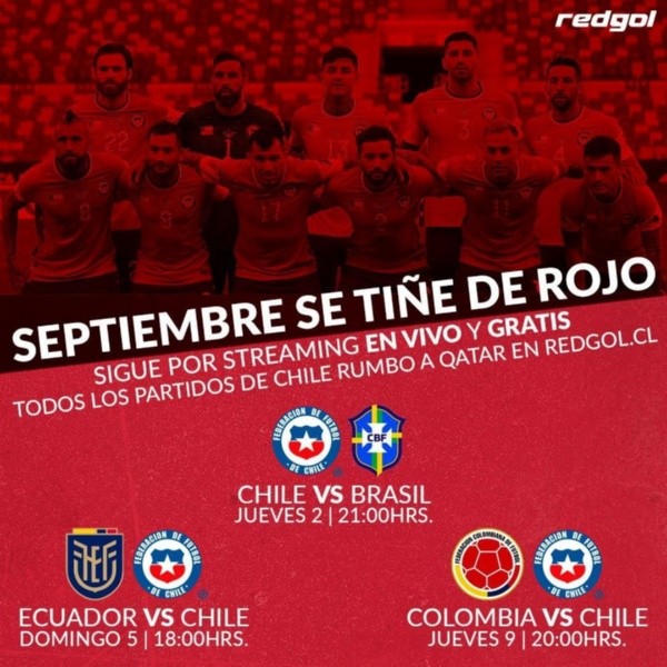 La Roja y todos los partidos de la fecha triple de eliminatorias la podrás ver en vivo, full HD y online gratis en RedGol (solo si tienes conexión a wifi y estás en territorio chileno.