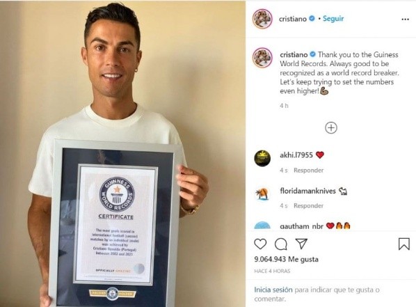 Cristiano Ronaldo subió en sus redes sociales su certificado