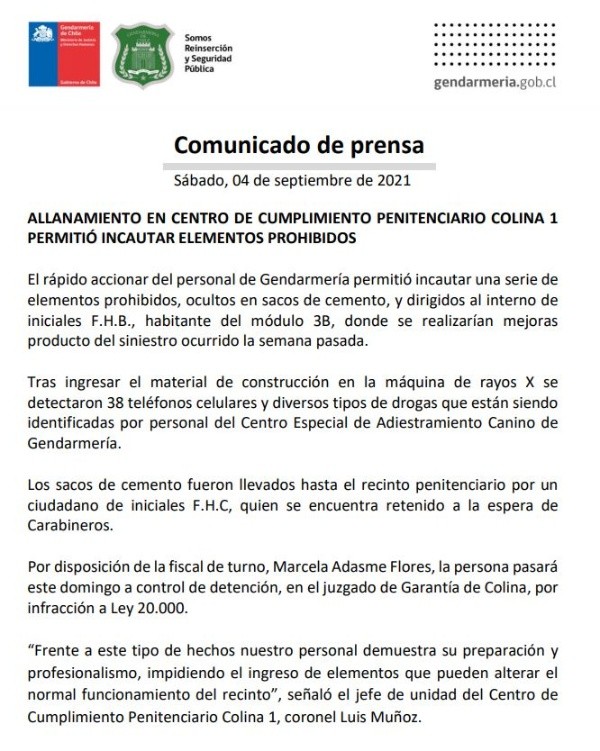 Comunicado Gendarmería 