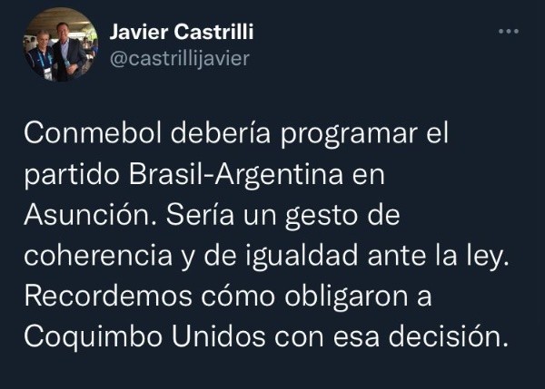 Este fue uno de los mensajes que Javier Castrilli subió a sus redes sociales.