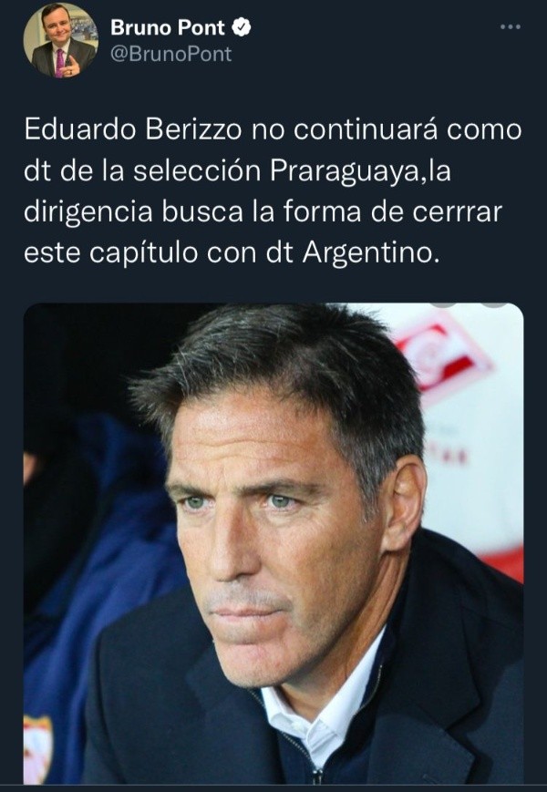 Según la prensa de Paraguay, Eduardo Berizzo no continuará en el cargo de entrenador.