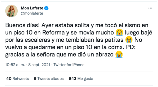 Temblor sorprende a Mon Laferte en un piso 10 de México.