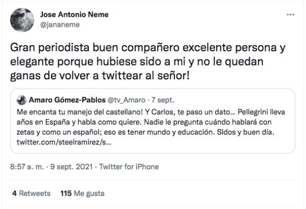 José Antonio Neme sale en defensa yle hizo un cariñito en Twitter a Amaro Gómez-Pablos.(2)