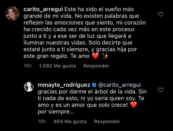 La dedicatoria de Carolina Arregui ante el embarazo de su hija Mayte Rodríguez, en Instagram.