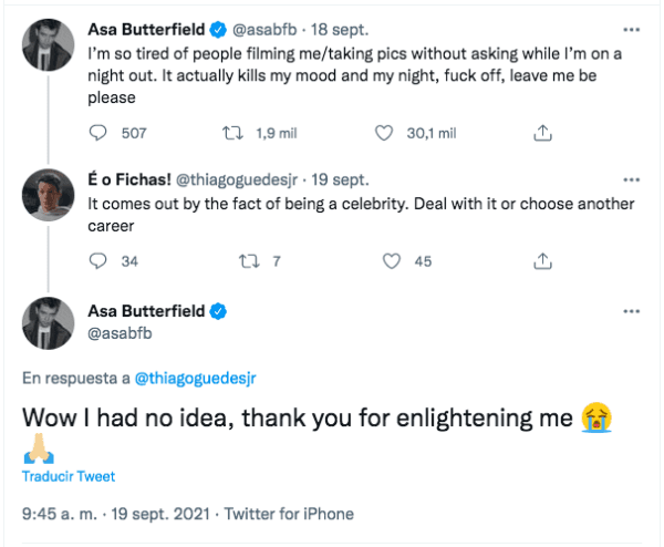 Los polémicos tuits de Asa Butterfield, el protagonista de la serie de Netflix Sex Education.(3)