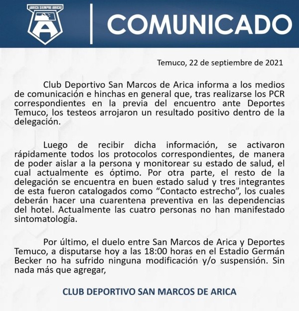Este es el comunicado de prensa que compartió San Marcos de Arica en la previa de su duelo contra Deportes Temuco
