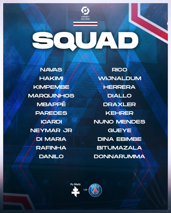 Lionel Messi, Sergio Ramos y Marco Verratti son bajas en PSG ante Metz.